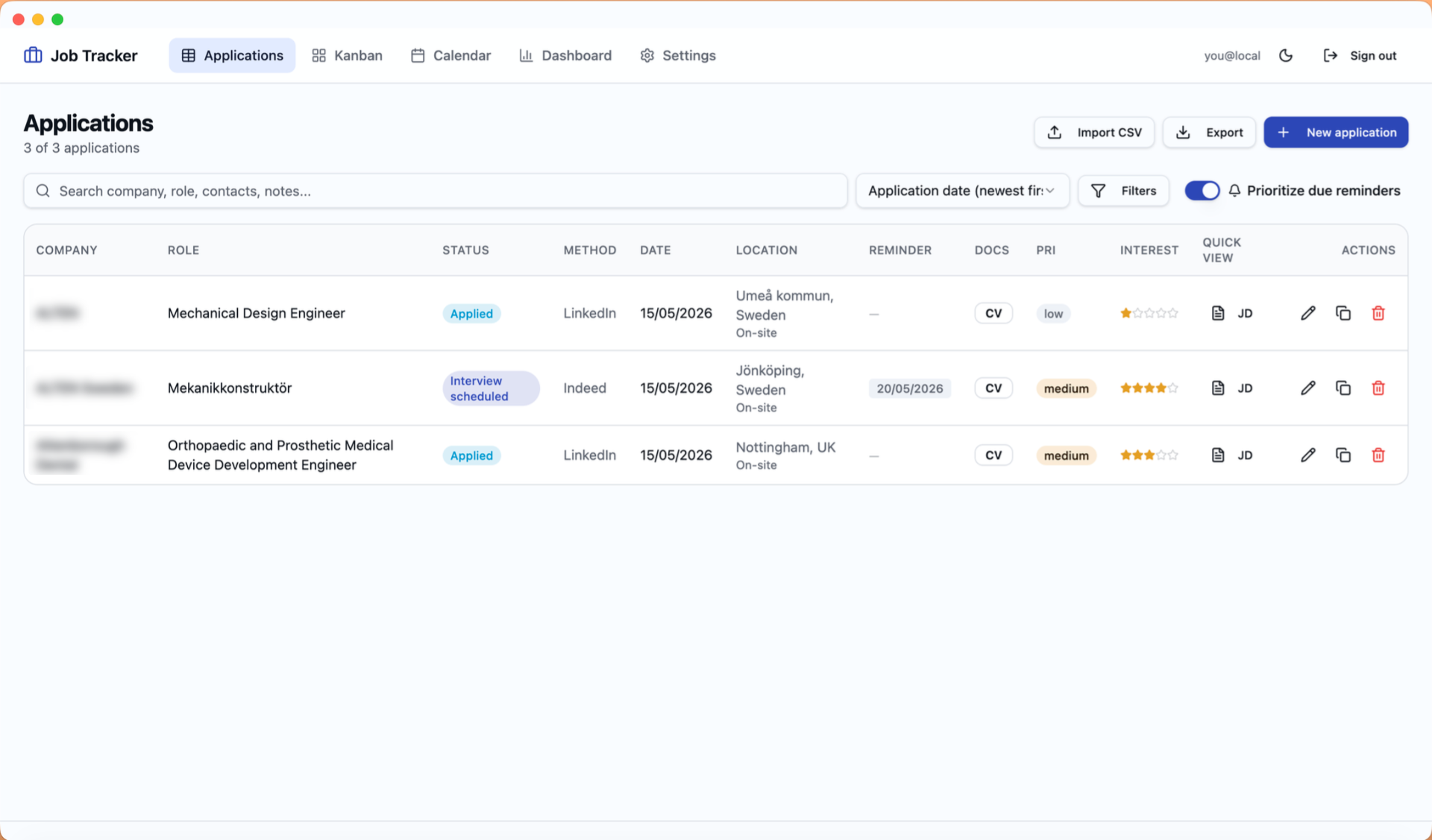 Job Hunt Hub applications view